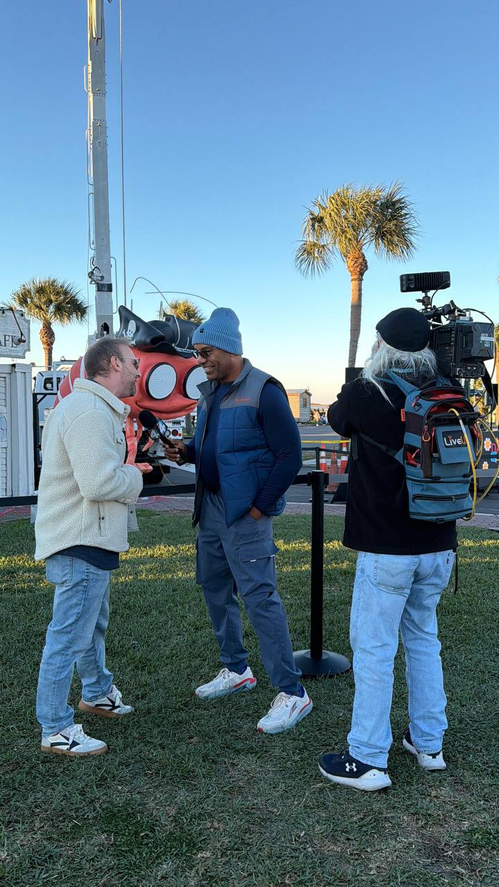 Shrimpy — giant LED pirate shrimp mascot