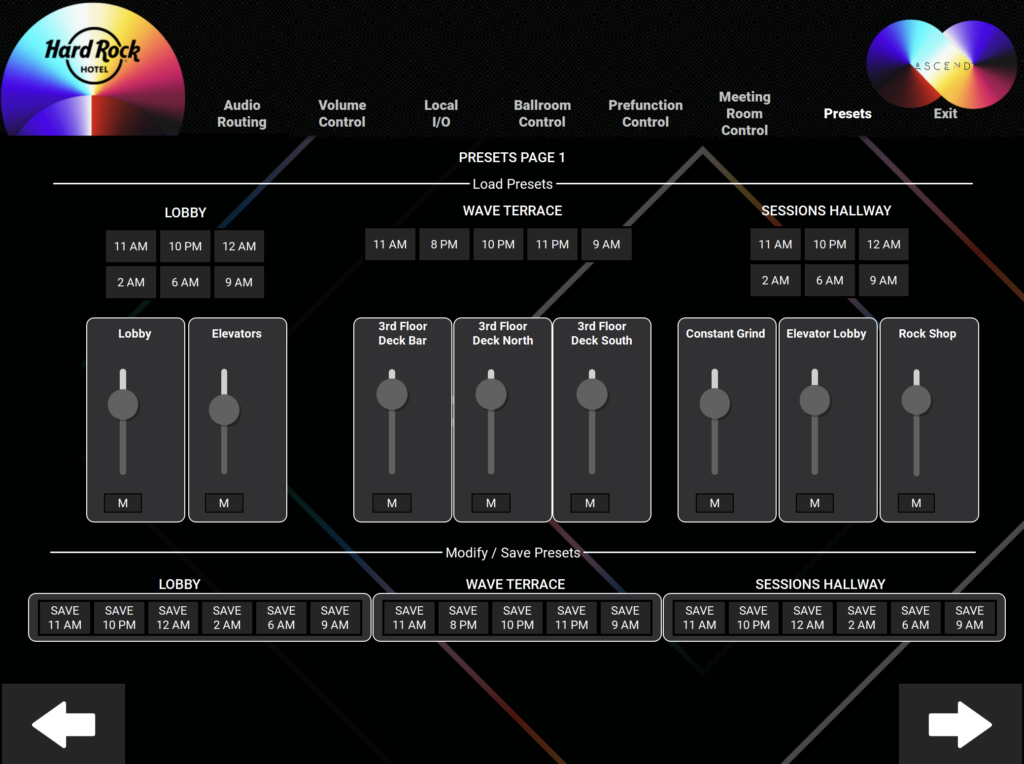 Touch panel volume and routing controls